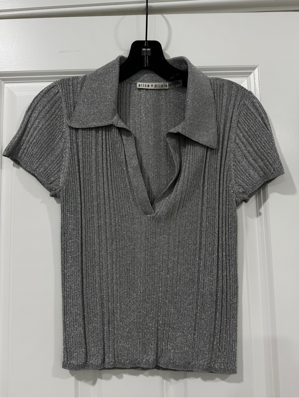 Alice + Olivia Silver Metallic Ribbed Polo Top